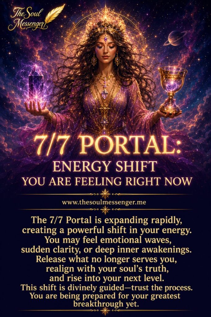 Mystical 7/7 Portal energy shift concept illustration showing glowing cosmic gateway, heightened intuition, emotional release, spiritual awakening, and inner transformation aligned with universal energetic flow.