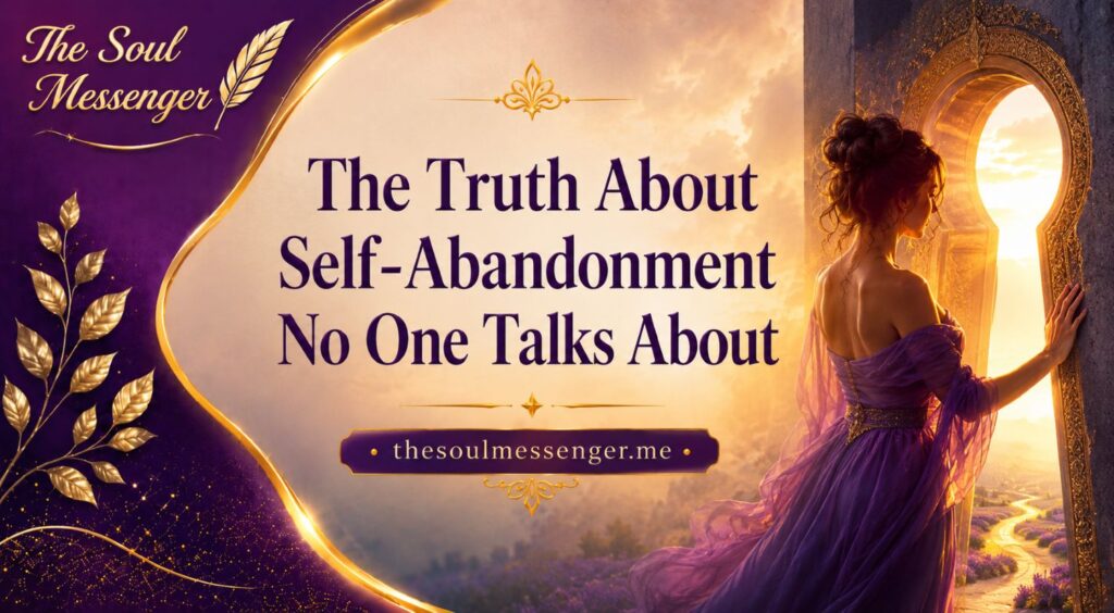 Luxurious spiritual banner design in rich purple and gold tones (no black), featuring a woman in an elegant flowing dress standing at a glowing keyhole-shaped doorway symbolizing self-discovery and emotional truth. The composition includes the title “The Truth About Self-Abandonment No One Talks About,” the branding “The Soul Messenger” in ornate cursive in the upper left corner, and the website “thesoulmessenger.me” centered below, all presented in a premium, high-contrast inspirational style.