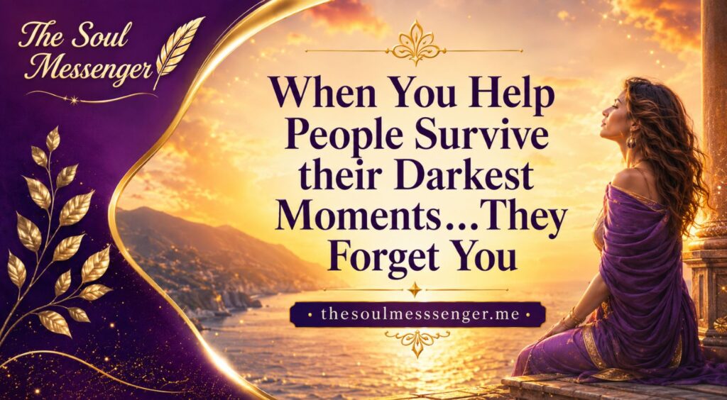 A luxury inspirational poster with a rich purple and gold color palette, featuring a serene, elegant woman seated on a balcony overlooking a glowing sunset landscape and distant mountains. The central text reads “When You Help People Survive their Darkest Moments… They Forget You” in bold, refined typography. In the upper left corner, the branding “The Soul Messenger” appears in an elegant monotype-style script with a decorative golden feather. At the bottom, the website “thesoulmessenger.me” is displayed. The design has a premium, high-contrast aesthetic with ornate golden accents and a soft, emotional, reflective atmosphere.