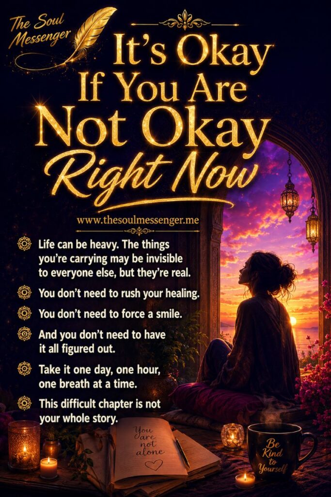 It's Okay Not to Be Okay Right Now 1 Luxurious Pinterest-style inspirational poster depicting it's okay not to be okay topic and featuring a vibrant sunset in shades of purple, pink, and gold. In the upper left corner, "The Soul Messenger" appears in elegant script. Large glowing golden text in the center reads, "It's Okay Not to be Okay Right Now," with the website www.thesoulmessenger.me beneath it. On the right side, a woman sits peacefully by an arched window overlooking the ocean at sunset, surrounded by lanterns, candles, flowers, and cozy cushions. Bold white text shares a comforting message about carrying invisible struggles, taking healing slowly, and remembering that difficult times are not the whole story and many times it is okay not to be okay. Warm candlelight and rich saturated colors create a calming, hopeful, and luxurious atmosphere.
