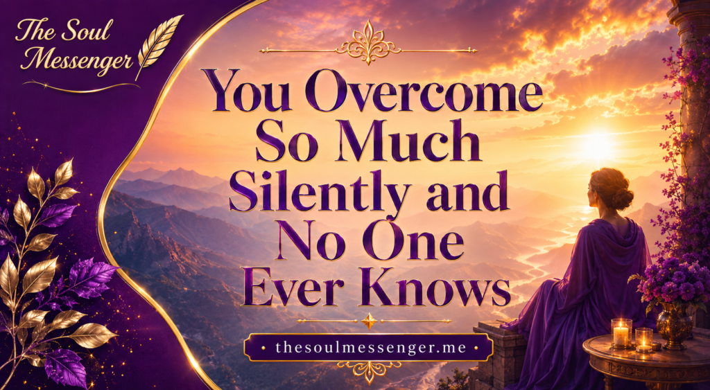 Luxurious inspirational digital artwork featuring a warm golden-orange sunrise over layered mountain landscapes. On the right, a serene woman in a flowing purple gown sits on a terrace facing the light, symbolizing reflection and resilience. The composition is framed with elegant gold ornamental details and a rich purple accent panel on the left. Prominently displayed in the center is the title text: “You Overcome So Much Silently and No One Ever Knows.” In the upper-left corner, the brand name “The Soul Messenger” appears in decorative script with a feather-like emblem. At the bottom, the website “thesoulmessenger.me” is shown, completing a premium, emotional, and motivational design with a high-contrast purple, gold, and warm sunset color palette.
